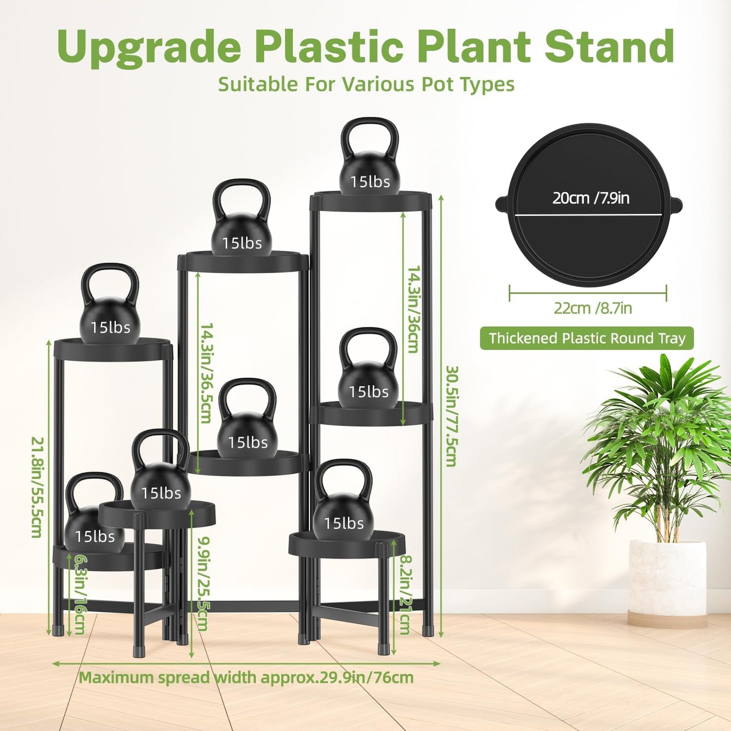 iDavosic.ly 8 Tier Folding Plant Stand Indoor Outdoor with Plastic Tray, Tiered Corner Flower Holder Shelf, Metal Orchid Display Rack for Patio Porch Living Room Garden Balcony, Modern Black