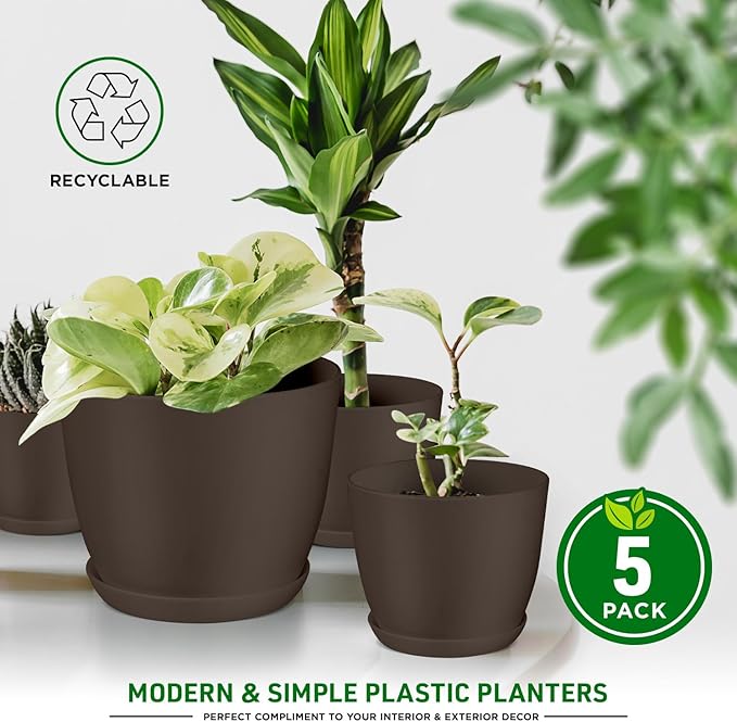 Planter Pots with Drainage Holes - Lightweight, Durable & Space-Saving Pots for Indoor and Outdoor - Versatile Functionality, Simple Modern Design, Set of 5 Plastic Planter Pots - Brown