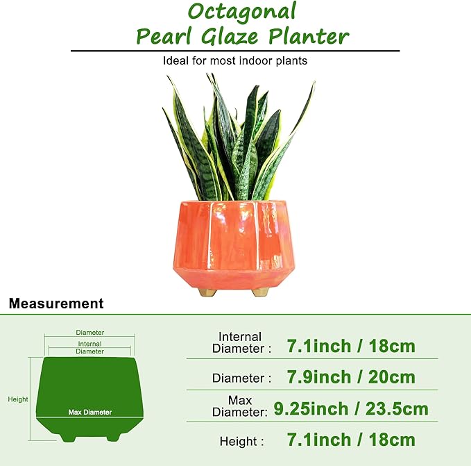 8 Inch Ceramic Planter for Indoor Plants - Plant Pots with Drainage Holes - Modern Minimalist Flower Pot for Succulents and Herbs - Peach