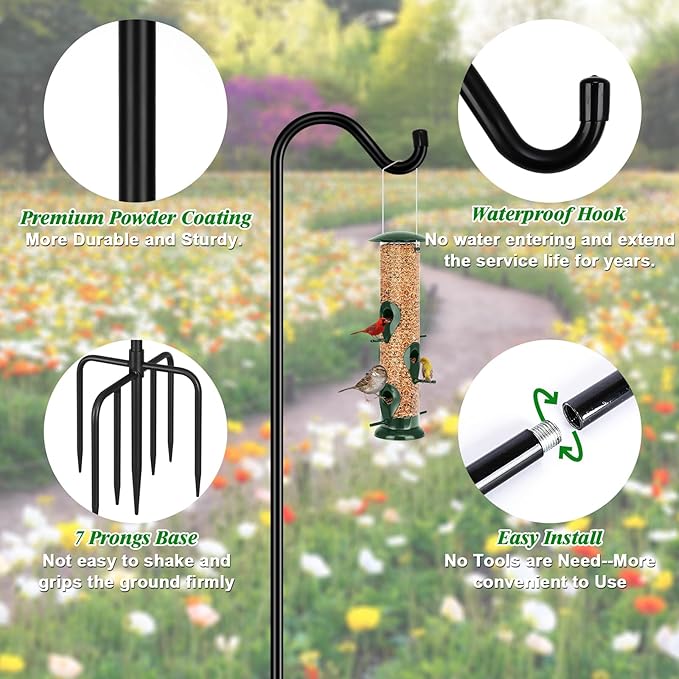 FEED GARDEN [Upgrade Version Adjustable Shepherds Hook Bird Feeder Pole with 7 Prongs Base, 76 Inch Tall Heavy Duty Outdoor Garden Poles for Hanging Bird Feeders, Plant Baskets, Black (1 Pack)