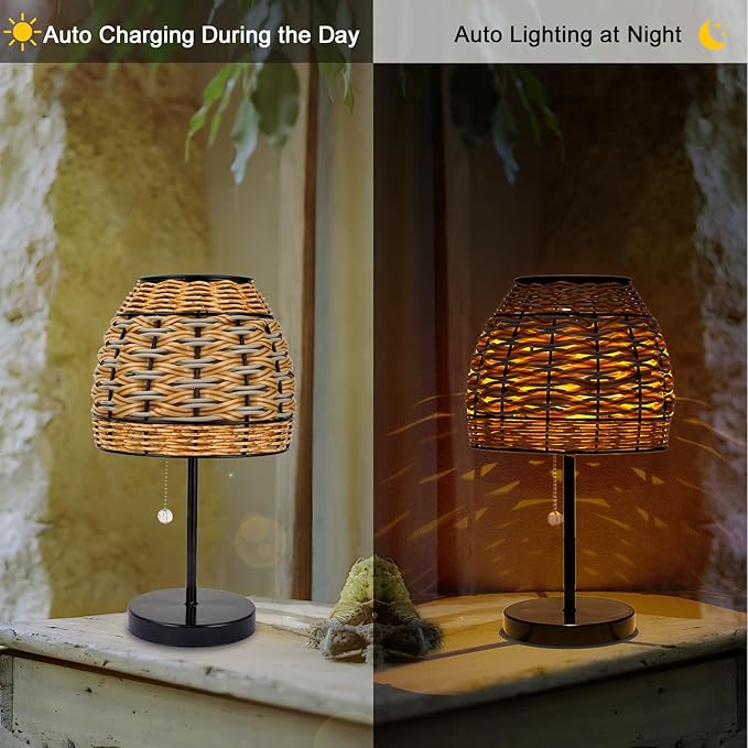 Outdoor Solar Table Lamp,3 Color Temperatures Bedside Lamps with USB-C Ports,Boho Desk Lamps Pull Chain Table Lamps with Black Metal Base for Garden,Yard,Patio,Lawn Outdoor Decor