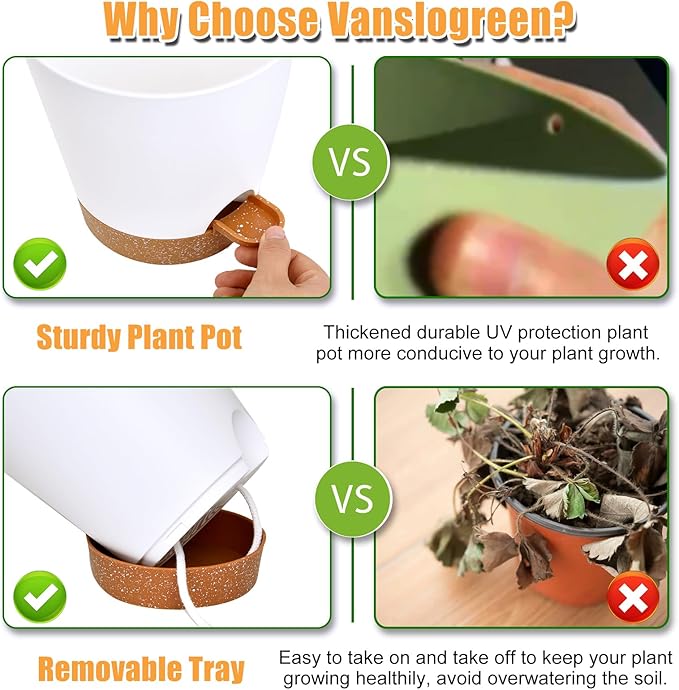 Planters for Indoor Plants 7/6.5/6/5.5/5 Inch, Self Watering Planters with Drainage Holes and Saucers 5 Pack Plastic Pots for Plants, Succulents, Herbs, Cactus, Flower Pots, White