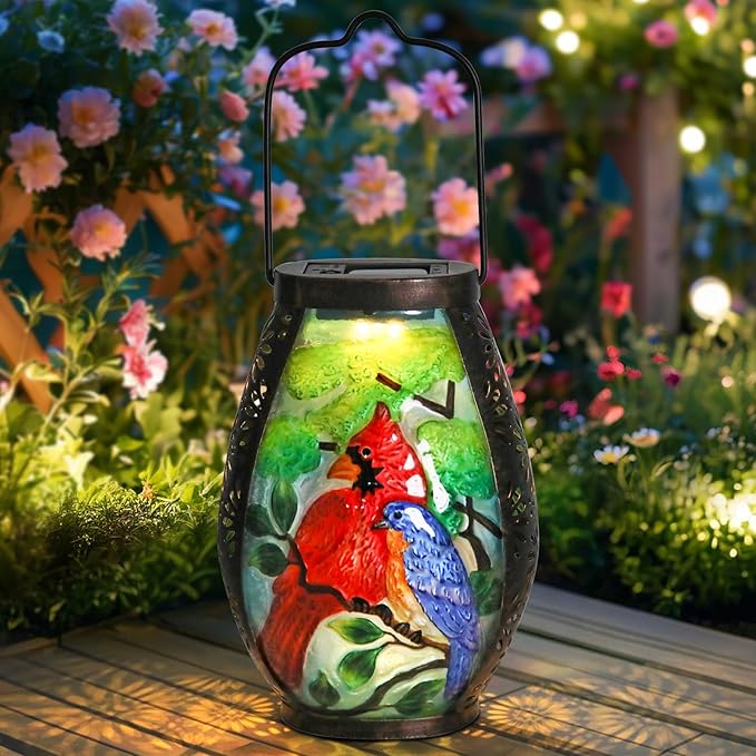 MUMTOP Solar Lanterns Outdoor Waterproof Cardinal Bluebird Solar Powered LED Lights Hanging Solar Lantern Metal Decorative for Patio Table Garden Outside Yard Backyard
