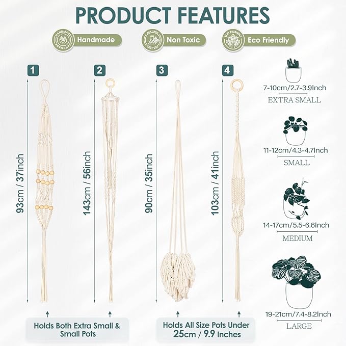 ANROYE Macrame Plant Hanger for Indoor Set of 4, Bohemian Hanging Planter with Tassels for Flower Pot, Boho Decorative Houseplant Rope Holder for Home Decor Bedroom Window Farmhouse