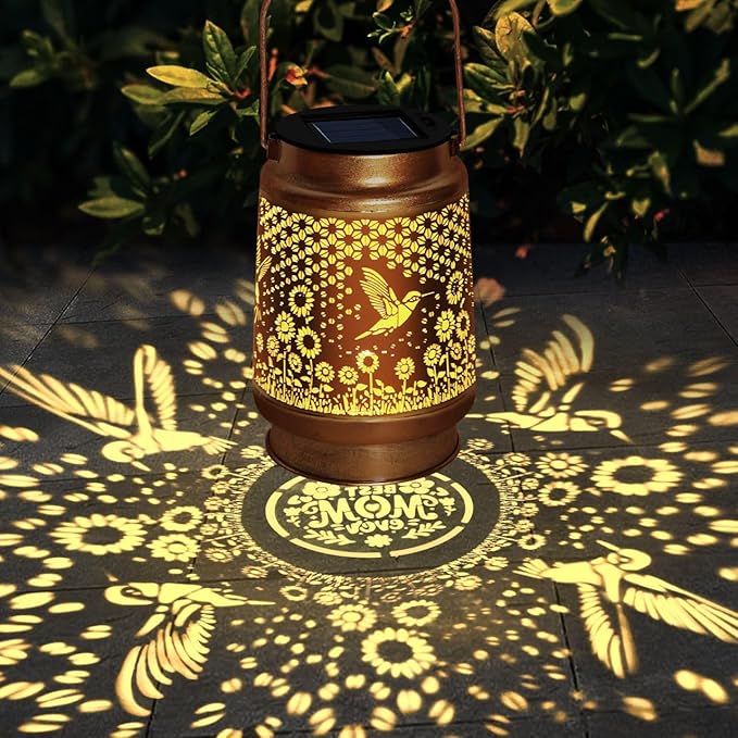 2 Pack Solar Lanterns Outdoor Decor - Perfect Gifts for Mom Women Grandma, Solar Powered Hummingbird Sunflower Lantern with 8-Hour Runtime, Waterproof & Easy to Use for Garden, Patio, Yard