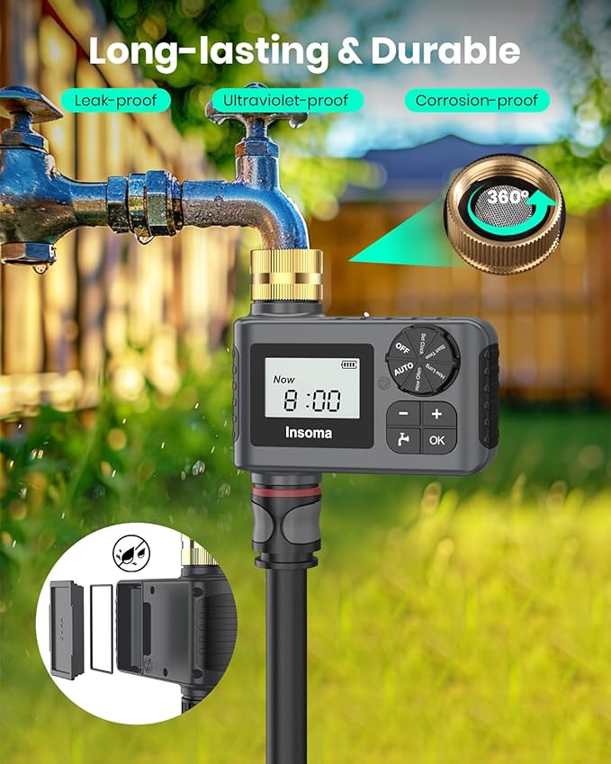 [Upgraded Version] Sprinkler Timer with Brass Swivel, Programmable Water Timer for Outdoor Garden Hose, Hose Timers with Rain Delay/Manual/Auto Mode, Drip Irrigation and Lawn Watering System, 1 Outlet