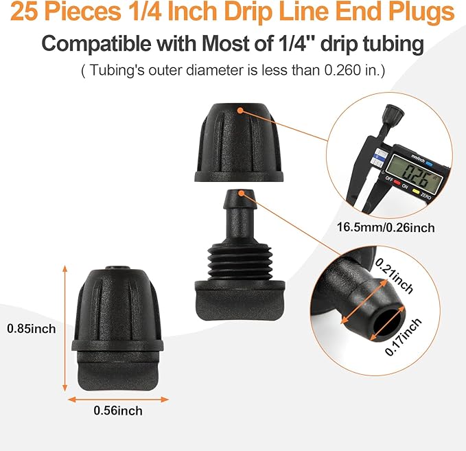 1/4 Inch Drip Irrigation End Plug Fittings, 25 Pieces 1/4'' Drip Line Barbed Locked End Cap Connectors for 1/4 Inch Irrigation Tubing Anti-leak Goof Plugs for Garden Drip Sprinkler Systems
