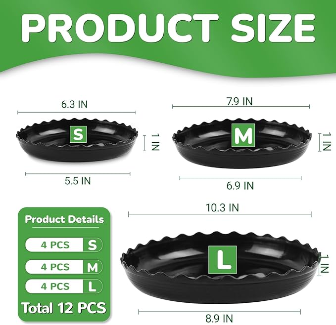 12 Packs Wave Plant Saucer - Plastic Flower Pot Drip Trays/Durable Heavy Duty Black Plant Tray for Indoor and Out Door Plant(6/8/10 inch)