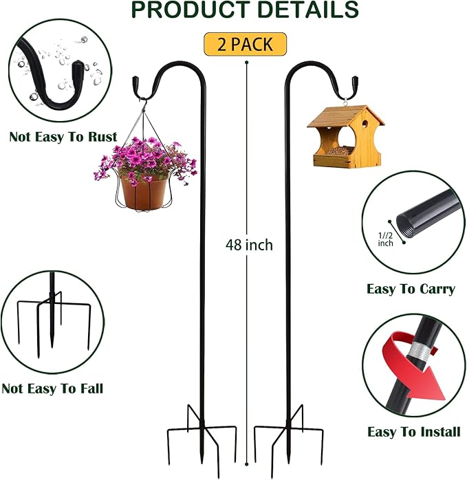 TIEBOLA Shepherd Hooks 2 Pack - 48 Inches High 1/2 Inch Thick Adjustable Rust Resistant Shepards Hooks with 5 Prong Base for Hanger Holder, Wedding Decor, Lanterns, Flower Basket, Bird Feeder.