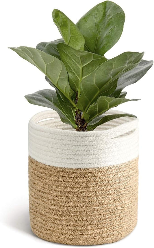 TIMEYARD Jute Rope Plant Basket Small Woven Storage Basket for Up to 7" Planter, 8" x 8" Decorative Plant Pot Cover Woven Planter Basket Laundry Basket with Handles Modern Home Décor