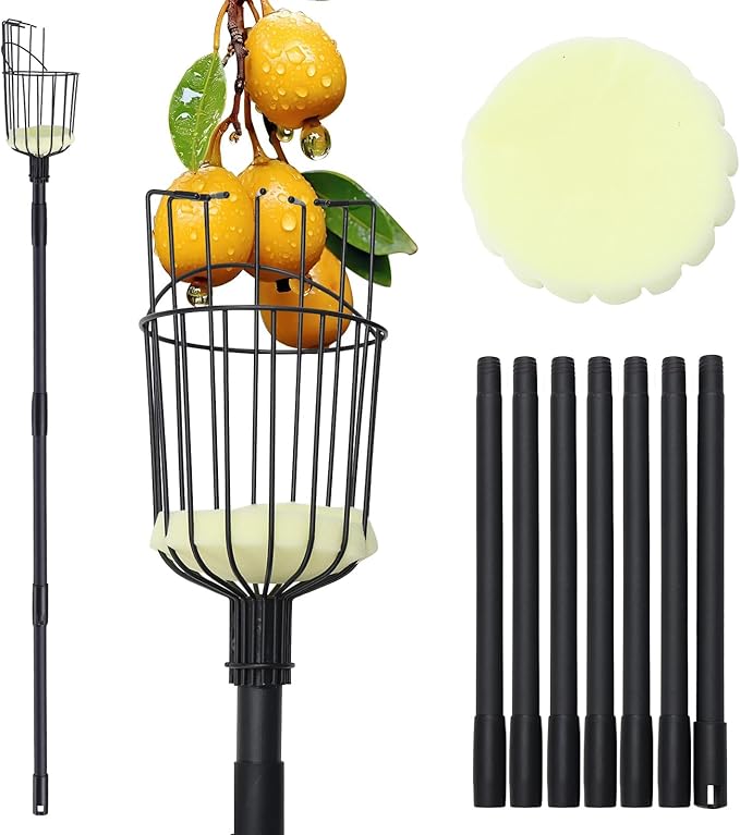 Fruit Picker Pole with Basket - 8.43FT(101Inch) Adjustable Tree Gardening Supplies with Stainless Steel Handle Apple Picker Fruit Grabber Reach Tool for Mango Pear Orange Avocados Fruit Picking, Black