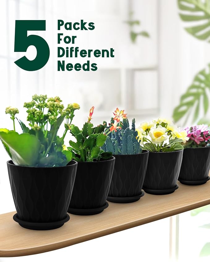 6 Inch Indoor Planter Pots with Drainage Hole and Tray Saucer,Flower Pots for Indoor Outdoor Garden Plants and Flowers, Multicolor, 5 Packs (Black)