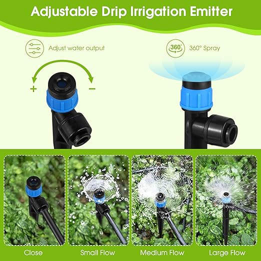 60Pcs Drip Irrigation Emitters Fan Shape with Stake for 1/4 inch Irrigation Tube Hose, 360 Degree Water Flow Drippers for House Garden Watering System (Blue)