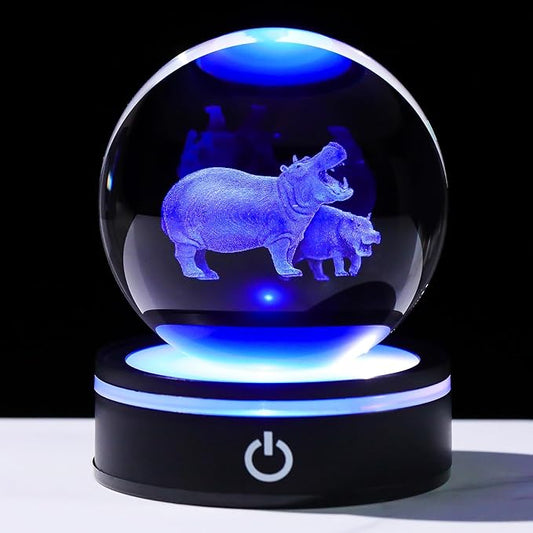YWHL 3D Hippo Crystal Ball Figurine with LED Base Laser Hippopotamus Gifts for Women Men on Christmas Birthday Decorative Hippo Ball Glass Hippopotamus Globe Night Light for Home Decor (80mm)