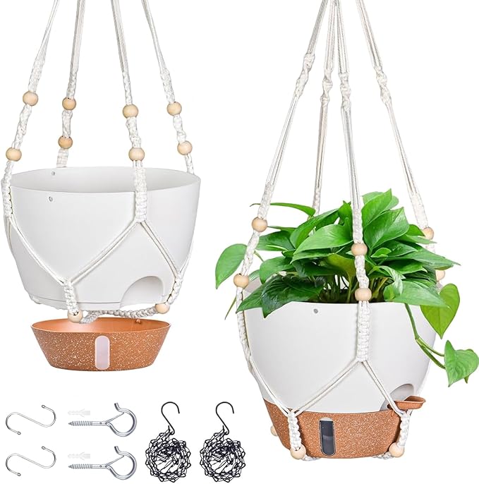 10 Inch Hanging Planters for Indoor Plants, 2 Pack Self Watering Hanging Baskets Flower Pots with Drainage Hole, Visual Reservoir & 2 Kinds of Plant Hanger for Outdoor Garden Home Decor