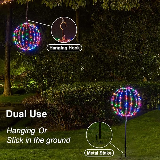 Christmas Ball Light Sphere, 10IN 48LED Hanging Tree Light and Pathway Lights with Hook and Stake, Foldable Metal Frame Light Ball for Outdoor Garden, UL Listed, Brown Frame, RGB