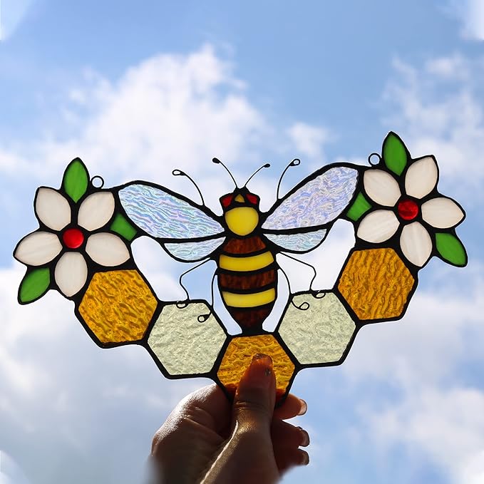 Bee Decor Stained Glass Window Hanging,Honeybee Honeycomb with Flowers Suncatcher for Window,Wall Art Ornaments,Birthday Gifts for Women,Friends,Housewarming Gift