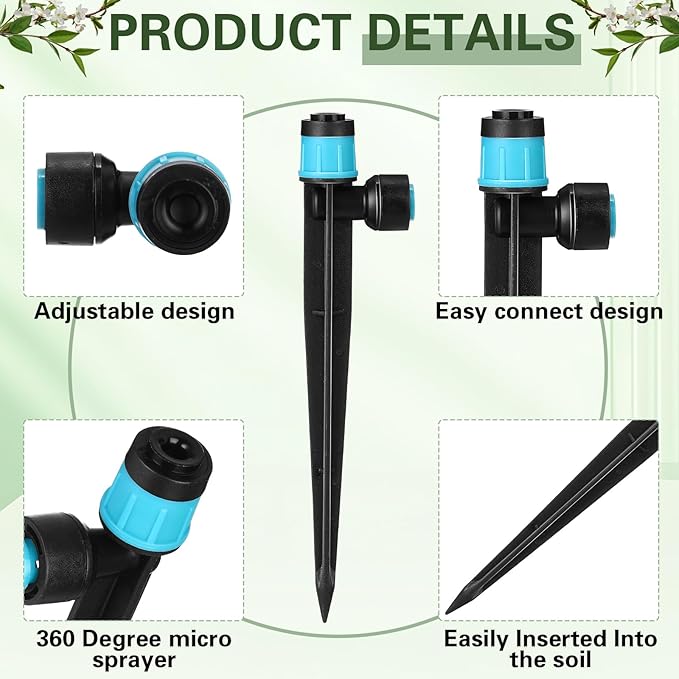 100 Pcs Drip Irrigation Emitters for 1/4" Tubing 50 Micro Irrigation Emitters Sprayer 50 Adjustable 360 Degree Water Flow Drippers for Garden Irrigation System(Blue, Fast Connect)