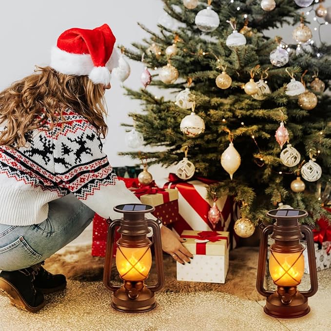 Solar Lantern Outdoor Hanging Solar Lights Dancing Flame Led Waterproof Camping Lamps, Landscape Decor for Table Patio Garden Yard Pathway Porch 2 Pack