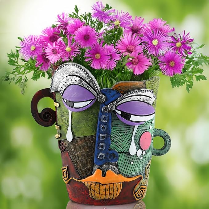 Picasso Brutalist Abstract Beauty Face Flower Pot Ornaments Abstract Face Flower Pots Abstract Head Planter Pots Container Colorful Face Art Abstract Resin Flower Pot (Picasso's tearful flowerpot)