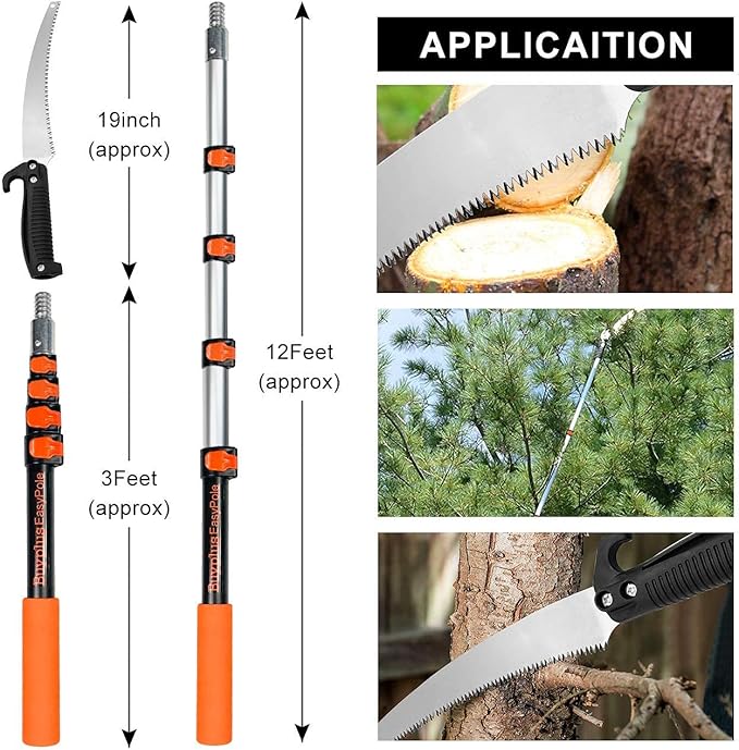Buyplus 18FT Reach Pole Saws for Tree Trimming, Pole Saw with 3-12FT Telescoping Extension Pole, Pruning Saw with 19" 3X Detachable Saw, Non-Slip Handle, Tree Trimmer for Garden Palms Shrubs