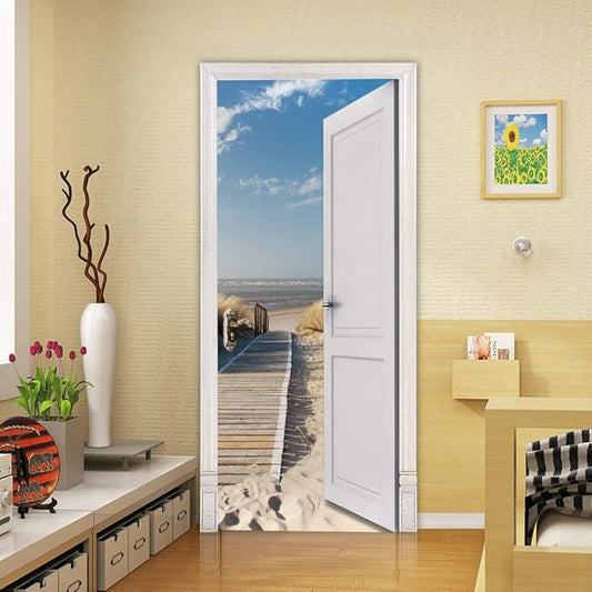 3D Door Stickers Murals Peel and Stick - Outer Beach Road - Door Wallpaper Self-Adhesive Decals Removable PVC Waterproof Poster for Bedroom Living Room Decoration 30.3" x 78.7"