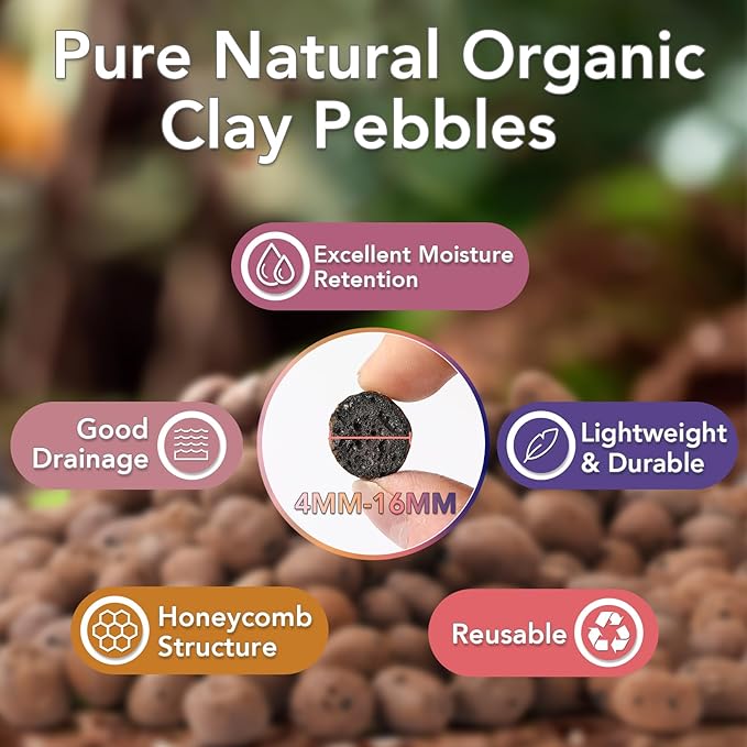 10 LBS Organic Clay Pebbles 4mm-16mm Leca for Plants 100% Natural Hydroton Clay Pebbles for Hydroponic Growing Gardening Orchids Drainage Decoration Aquaponics