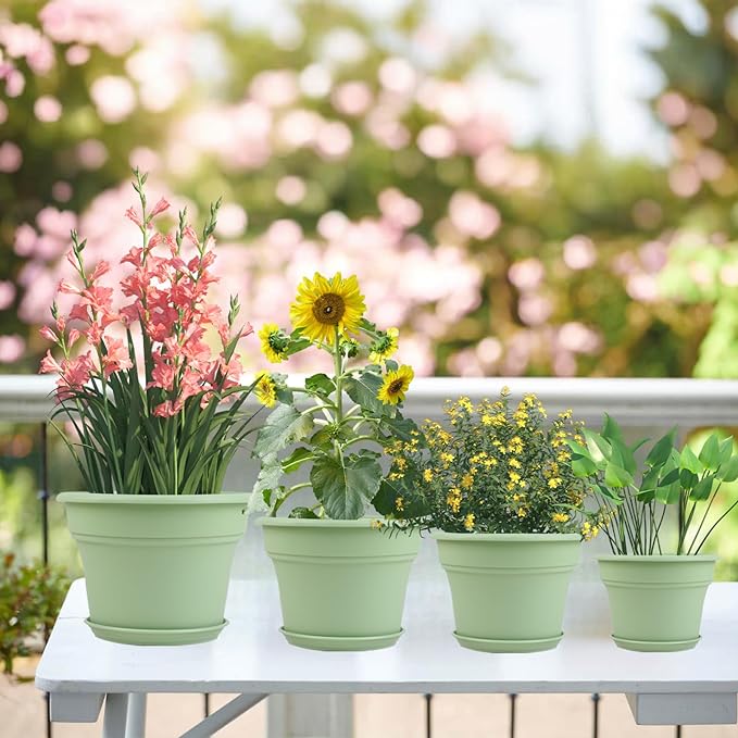 10 Inch Plastic-Flower-Pot-for-Indoor-Plants, 4 Pack Large Outdoor Planter Pot with Drainage Holes & Saucers, Resin Decorative Garden Pots Planters