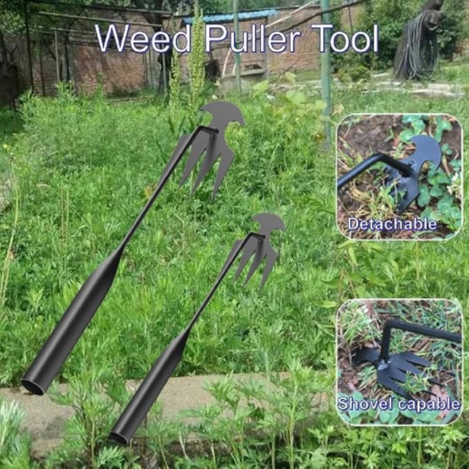 Stainless Weeding Artifact Uprooting Weeding Tool, Stainless Steel Forged Weed Puller 4 Teeth Dual Purpose Weeder, Hand Weeder Tool for Gardening with Long Handle (Black 4Pcs)