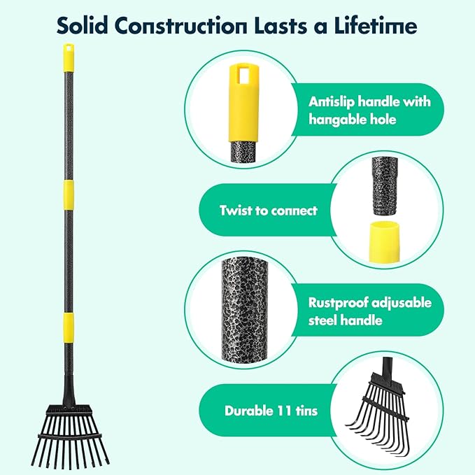 Rake - 73 Inch Long Small Garden Rake, 8.5" Wide Heavy Duty Leaf Rake for Shrub with 11 Metal Tines,Yard Rake with Adjustable Handle for Picking up Leaves,Grass Clippings,Garbage