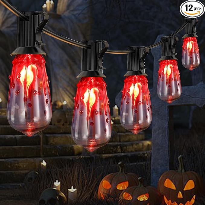 10FT Halloween String Lights Outdoor with 11 ST40 Flame Bulbs (1 Spare), Plug in Halloween Flaming Blood Drop Light Strings UL Listed for Patio, Backyard, Halloween, Party Decoration, E17 Base