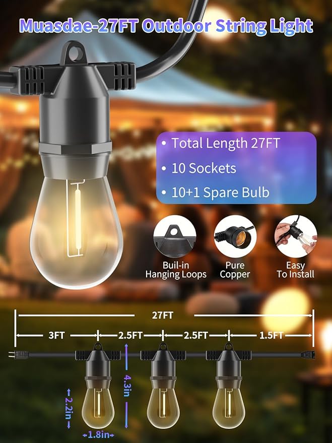 2 Pack 27Ft Led Outdoor String Lights,UL Listed Commercial Light String, S14 Edison Shatterproof Bulbs,for Patio Backyard Cafe Porch Garden Bistro Party Wedding Decoration