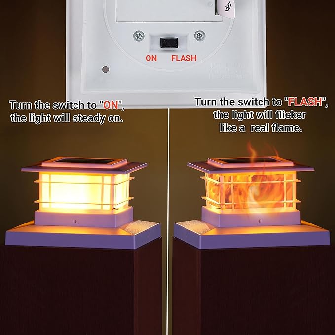 Dynaming 8 Pack Solar Flame Post Lights Outdoor, Solar Powered Fence Post White Shell Cap Light, High Brightness Flickering Flame LED Lighting for Garden Deck Patio, Fit 4x4 5x5 6x6 Vinyl/Wooden Posts