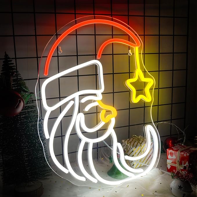 Moon Christmas Santa Neon Sign,Cute Anime Neon Light,Moon Star Neon Sign for Wall Decor,Red Christmas Hat USB Neon Light Sign for Party Store Living Room Bar Door Kids Bedroom Christmas Gift