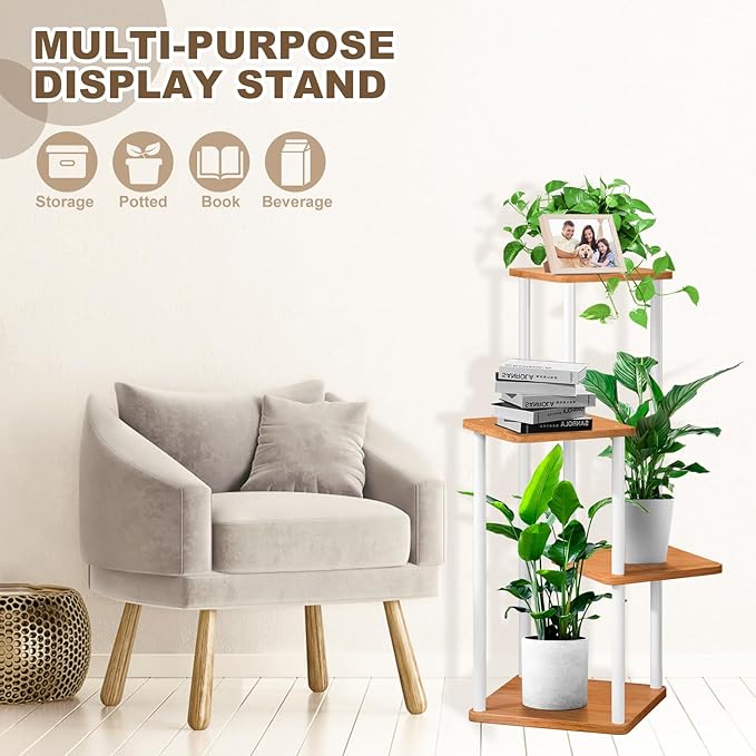 4 Tier Wood Tall Plant Stand Metal Rack Indoor, Multiple Flower Pot Holder Shelves Corner Rack, Planter Shelf Display Rack Storage Organizer for Patio Living Room Balcony Garden(White)
