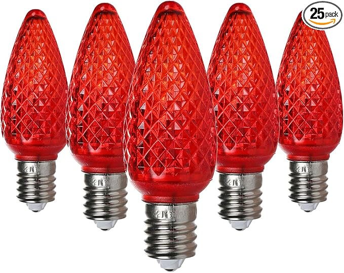 Vibrant Red LED Bulbs - Pack of 25 Dimmable UL Listed IP65 C9 Replacement Bulbs for Outdoor Christmas Decorations