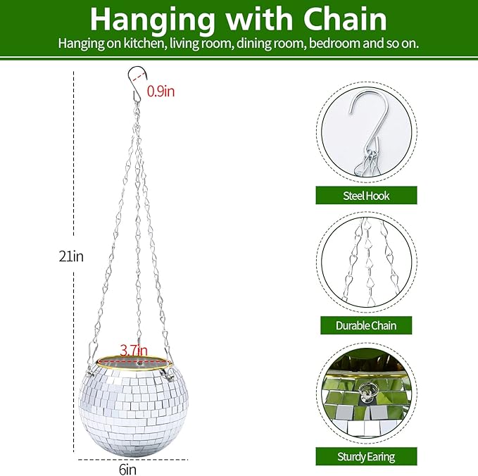 4"/6"/8"/9"/10" Disco Ball Planter, Disco Ball Plant Hanger with Hanging Rope, Hanging Chain, Hook, Circle and Extra Mirror Pieces (6" Silver, 1pcs)