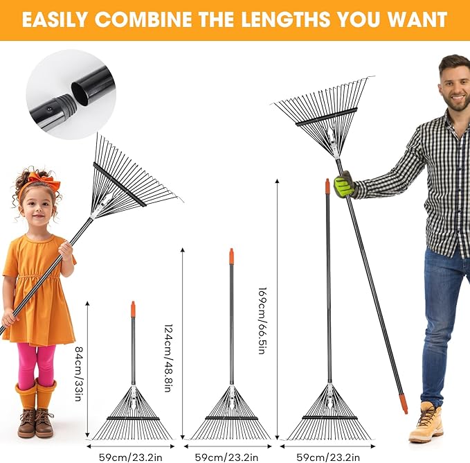 High-Carbon Steel Gardening Leaf Rake, Suitable for Raking Leaves and Lawn Tidying,Adjustable Split Long Handle 33-67", 24tines 23.2" Wide,Garden rake and thatch rake Suitable for Adults