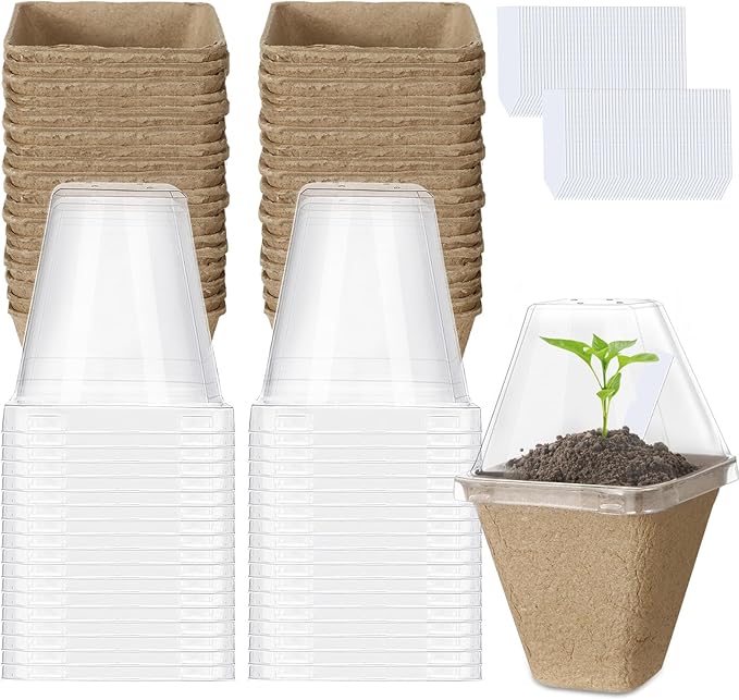 Aulock 36 Sets Plant Nursery Pots with Humidity Dome - 3in Biodegradable Seed Starting Pots, Square Peat Pots with 100 Labels for Garden Flowers Herbs Vegetables Seedlings