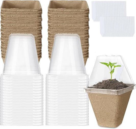 Aulock 36 Sets Plant Nursery Pots with Humidity Dome - 3in Biodegradable Seed Starting Pots, Square Peat Pots with 100 Labels for Garden Flowers Herbs Vegetables Seedlings