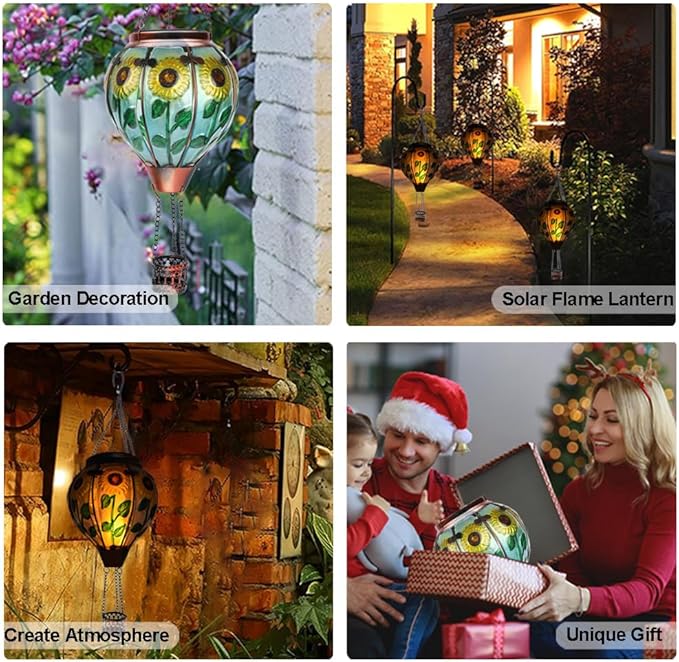 2PC Hot Air Balloon Solar Lantern with 2PC Shepherd Hook, Flickering Flame Hanging Solar Lanterns Outdoor Lights Waterproof Lanterns Decorative Garden Patio Yard Party Decor (Sunflower)