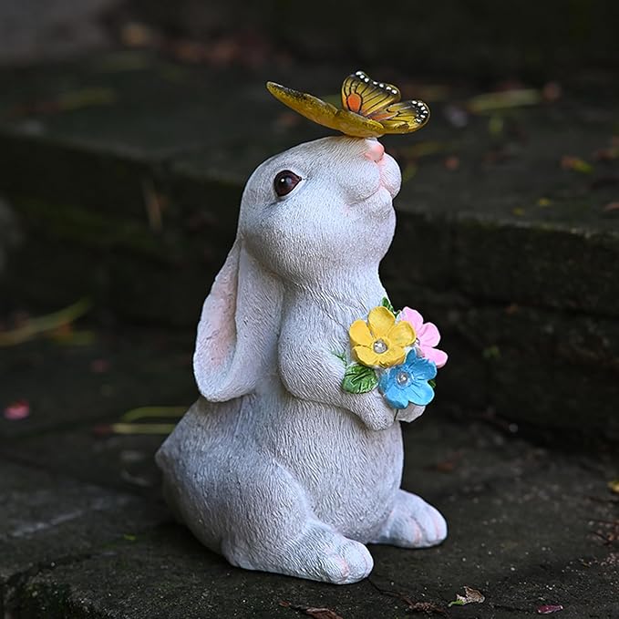 Solar Rabbit Outdoor Statues Garden Decor with Butterfly LED Lights Bunny Statue Easter Decor for Patio Balcony Yard Lawn Ornament, Birthday Mother Day Gardening Gifts for Mom Grandma Women