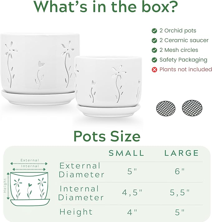 Set of 2 White Orchid Pots with Holes and Saucer, 5 + 6 Inch Ceramic Orchid Planters for Repotting with Drainage Holes and Tray, Plant Flower Pot containers for Orchid Indoor Outdoor