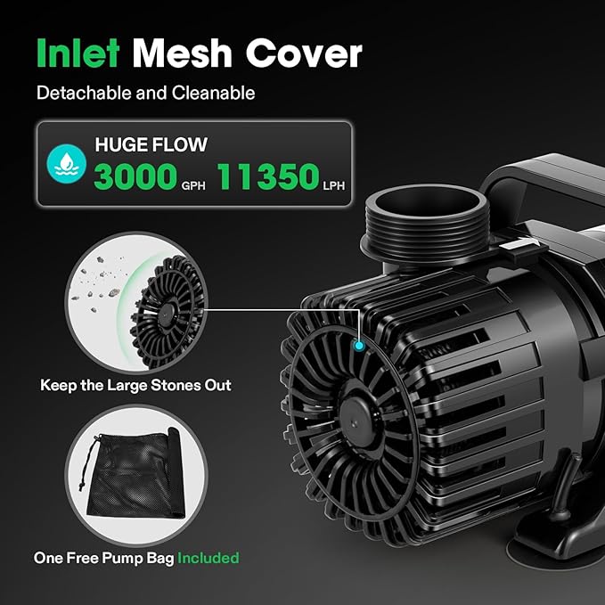 VIVOSUN 3000 GPH Submersible Water Pump with Barrier Bag, 150W Pond Pump with 18FT. Lift Height, Ultra Quiet Aquarium Pump for Pond, Waterfall, Fish Tank, Statuary, Hydroponic