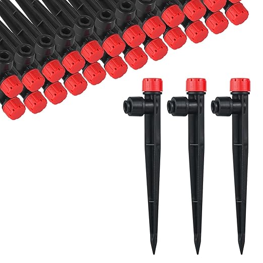30 Pcs Drip Irrigation Emitters with Stake - Adjustable Drip Emitter Stream for 1/4" Drip Line Irrigation Tubing - Drip Irrigation System Parts Drippers Sprinkler Heads for Garden Watering System -Red