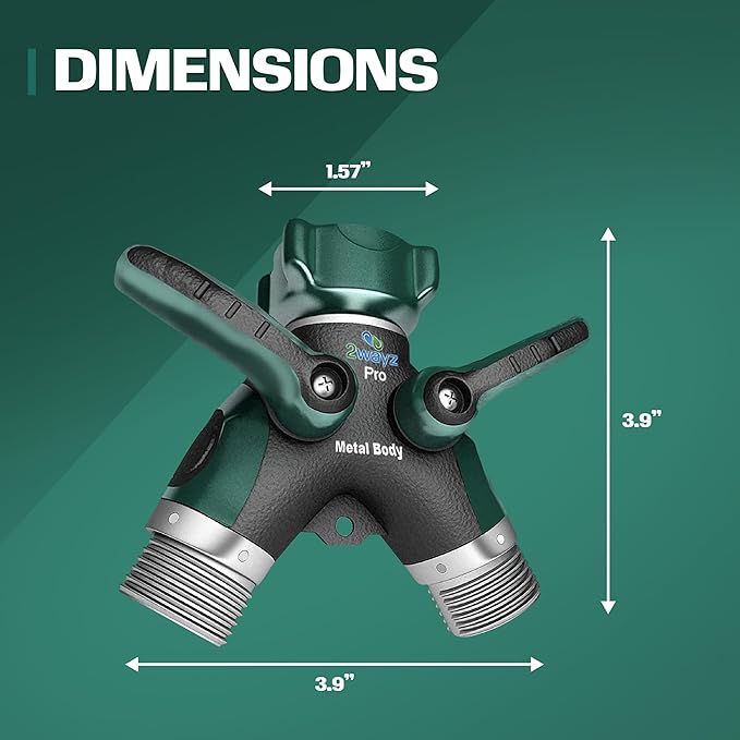 2WAYZ Hose Splitter 2 Way Heavy Duty - Outdoor Faucet and Garden Hose Splitter - Durable Water Spigot Splitter Y Adapter - All-Metal Water Hose Connector with Shut-Off Valve - 4 x 4 x 1.5 Inches
