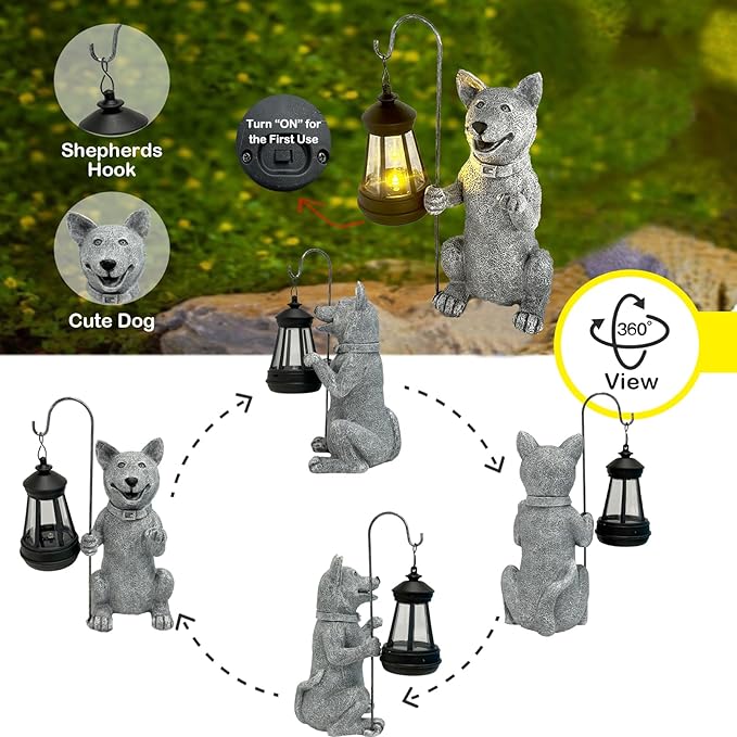 lightsfever Dog Statue with Solar Lantern, Outdoor Statues for Home Garden Balcony Decor, Solar-Powered LED Lights for Outdoor Patio Yard Lawn Decorations, Unique Gifts for Men, Moms, Grandma