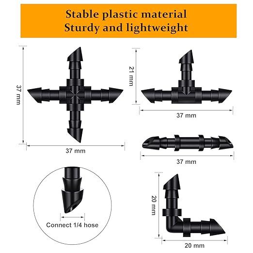 200 Pieces Drip Irrigation Fittings Kit for 1/4 Inch Tubing, 50 Straight Barbs, 50 Tees, 50 Elbows, 50 4-Way Couplings, Barbed Connectors with Plastic Box for Garden Lawn Drip, Sprinkler Systems,Black
