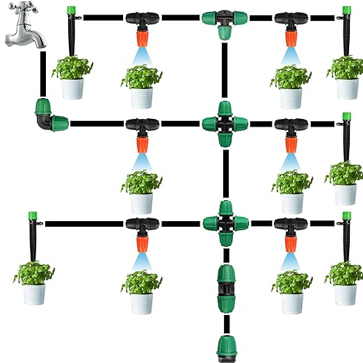 Upgraded 1/4" Drip Irrigation Fittings：50 Pieces Set-20 Couplings 15 Tees 10 Elbows 5 End Plugs, Leak Free Barbed Locked Nut Connectors for 1/4 Inch Irrigation Tubing