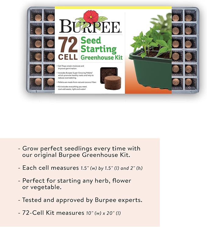 Burpee Greenhouse Indoor Starting Herbs, Flowers and Vegetables | Includes Dome, Watering, Seed Starter Tray, Coir Pellets | 10" W x 20" L x 5" H, One Size, 1 Kit (72 Cells)